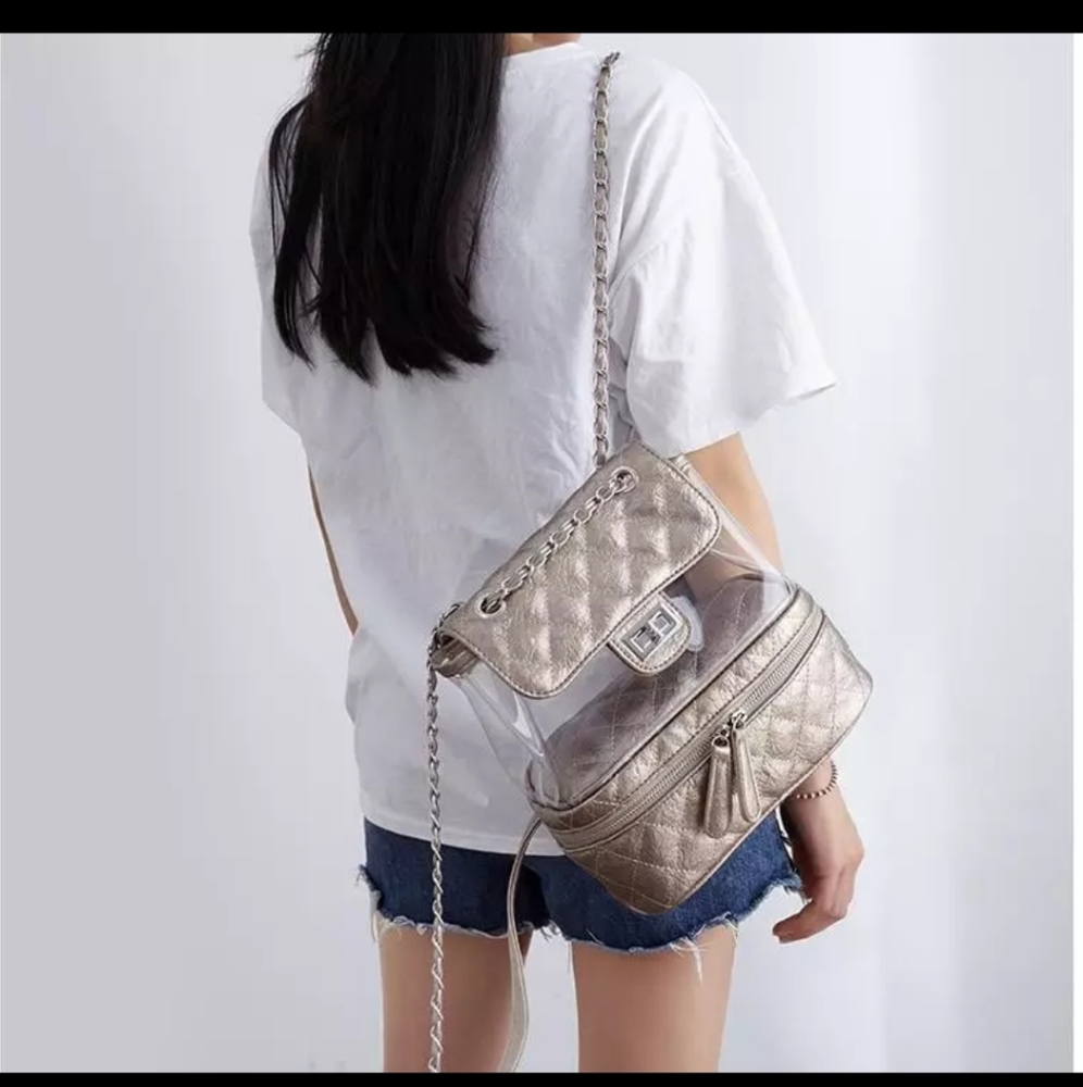BRAND NEW Gold /clear ladies backpack crossbody bag - Picture 3 of 5
